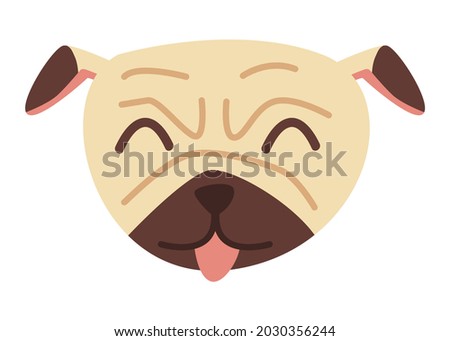 Cute pug dog face with tongue sticking out. Illustration in flat hand drawn style. Cartoon character isolated on white background. Happy pet animal concept.