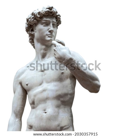 copy of the marble sculpture of David Michelangelo isolated on white background. Ancient greek sculpture, hero statue Royalty-Free Stock Photo #2030357915