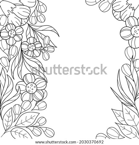 Abstract floral black and white floral background, vertical borders. Contour vector illustration of flowers, leaves and twigs. Great background for advertisements, cards, invitations or coloring pages