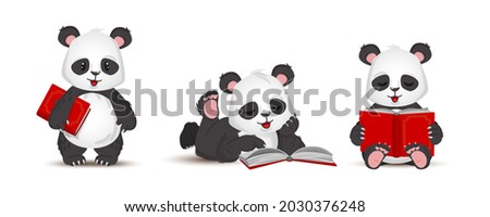 Funny panda reads a book.Cartoon style set. Vector illustration isolated on white background.