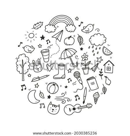Cute doodle with cloud, rainbow, sun, animal element. Hand drawn line children style. Doodle background vector illustration.