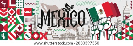 Mexico National day banner with retro abstract geometric shapes. Mexico flag and map. Red green Mexican colors scheme with raised hands or fists. Mexico city landmarks and skyline Vector Illustration. Royalty-Free Stock Photo #2030397350