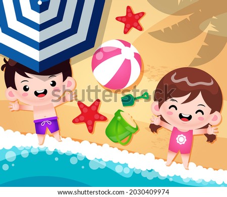 Cartoon Happy Cute Boy And Girl On Beach Sands.
