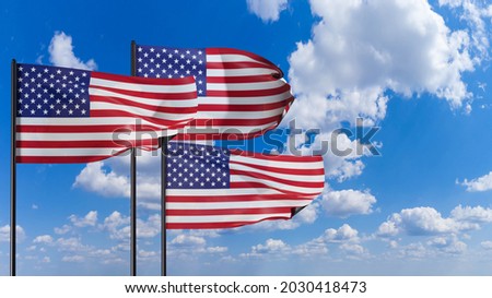 USA flags on cloudy sky background. Flags of America on flagpoles. Three US flags next to sunny sky. Symbols of United States of America. Banners of United States of America. Evolving USA banners