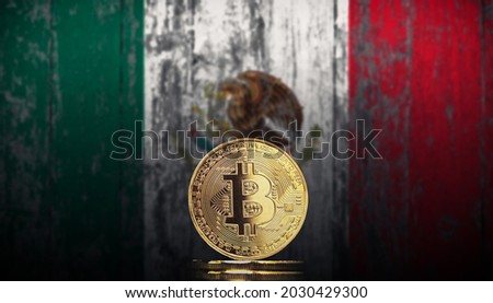 Bitcoin BTC representation coin with the national flag of Mexico in background.