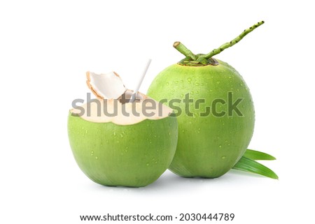 Cool  young coconut juice with water droplets isolated on white background. Clipping path.