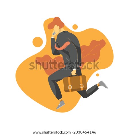 Businessman running while holding bag and phone