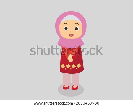 Muslim girl in a long red shirt with a smiling face