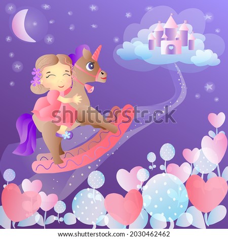 Children's fabulous dream. A toddler girl on a toy horse rides to the magic castle on the clouds. Vector illustration in cartoon style.