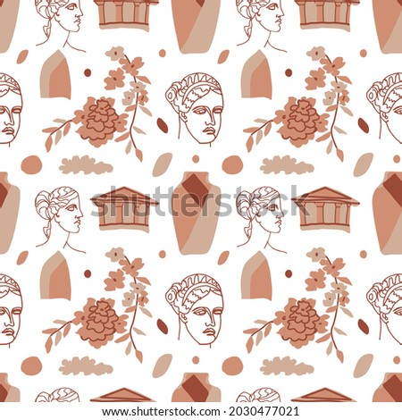Seamless vector pattern with the gods of Ancient Greece in beige,brown.Repeating Antique ornament hand drawn on white background.Designs for textiles,web,social media,packaging,wrapping paper,fabric.