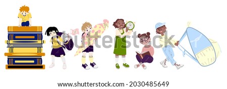 Back to school. Set of different schoolgirl and schoolboy. Group of pupils read the book, holding backpack and clock. Funny cartoon characters. Vector illustration. Isolated on white background