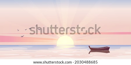 Early morning sunrise seascape, lonely wooden boat on sea or ocean picturesque landscape. Nature background with skiff floating on calm water with birds flying in pink sky, Cartoon vector illustration Royalty-Free Stock Photo #2030488685