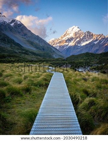 A boardwalk on the Hooker Valley Trail, Aoraki Mt Cook National Park, Canterbury, South Island, New Zealand Royalty-Free Stock Photo #2030490218