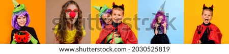 Collage of pictures with children in Halloween costumes on different backgrounds. Holidays, traditions.