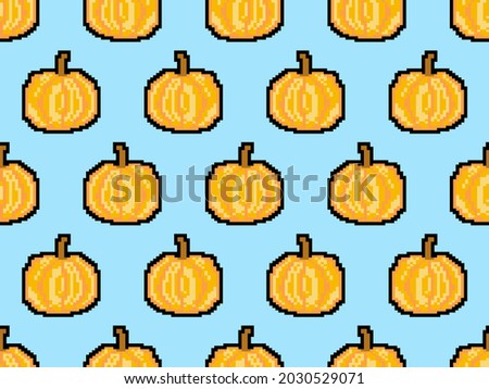 Pumpkin seamless pattern in pixel art style. 8 bit pumpkin in 2D retro style. Design for printing, wrapping paper and advertising. Vector illustration