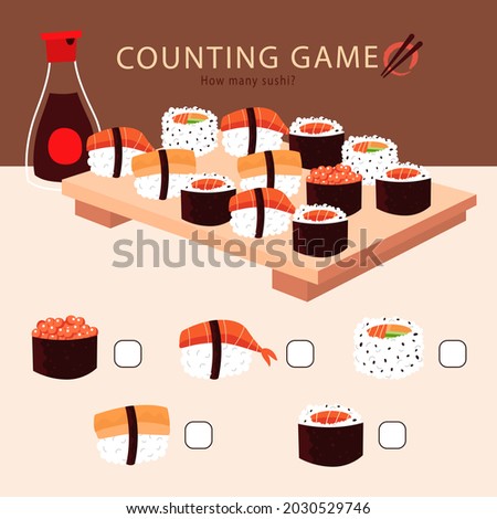 Counting game. Education kid in kindergarten, preschool, school. Mathematics puzzle. Children logic learning. How many, counting task. Count, match objects. Educational math test page. Vector art.