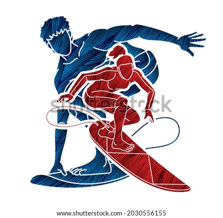 Surfing Sport Male and Female Players Cartoon Graphic Vector