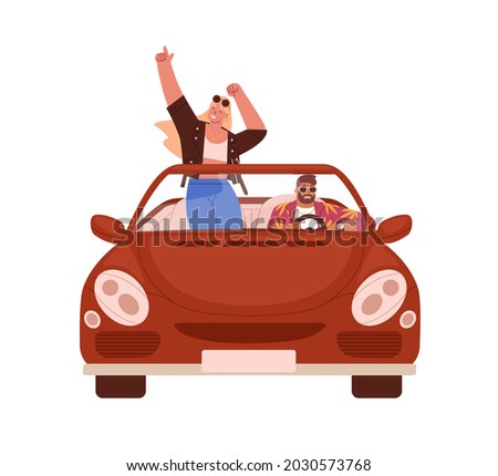 Happy romantic couple traveling by car. People in cabrio at road trip. Man driving convertible with woman standing. Summer auto ride in open top. Flat vector illustration isolated on white background Royalty-Free Stock Photo #2030573768