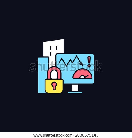 Company risk scoring privacy RGB color icon for dark theme. Analyzing suspicious factors. Risk management. Isolated vector illustration on night mode background. Simple filled line drawing on black