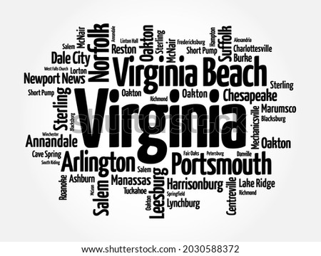 List of cities in Virginia USA state, word cloud concept background