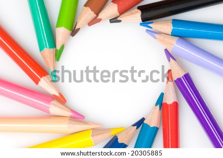 Many pencils forming a circle on a over white background