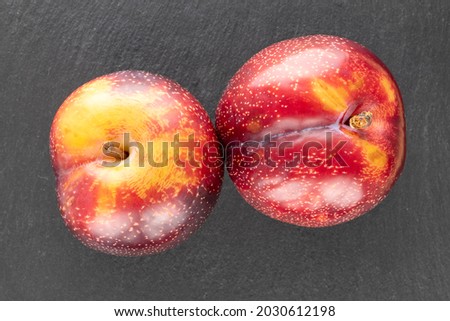 Two juicy ripe plums on a slate stone, close-up, top view.