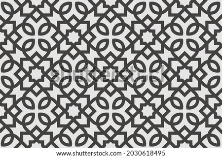 Pattern with intersecting stripes, stars, lines and polygons in Arabic style. Seamless geometric vector ornament. Arabesque background. Fashion monochrome wallpaper. Royalty-Free Stock Photo #2030618495