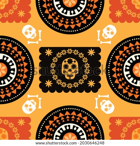 Mexican Halloween seamless pattern, sugar skulls,  papel picado, garland decoration  and   marigold flowers.  Dia de Los Muertos, Day of the Dead . Halloween. Vector illustration.