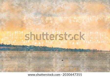 Sunset over a wide river. White and pink clouds. Summer sunset. Landscape. Digital watercolor painting.