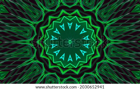 A dark background with a glowing green ornament in the shape of a stylized flower. Kaleidoscope pattern for design