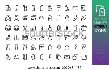 Cosmetics, beauty and personal hygiene isolated icons set. Set of decorative cosmetics, oral, body, skin  and face care vector icons Royalty-Free Stock Photo #2030654432