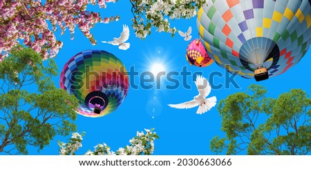 Colorful hot air balloons in the blue sky. green tree branches and pink spring flowers. flying white doves. bottom view stretch ceiling sky picture.