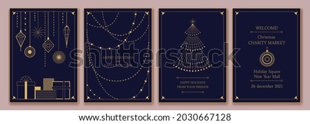 Merry Christmas card. New Year invitation design. Geometric line art style. Elegant holiday greeting card with Christmas decor, garland, gift, tree. 