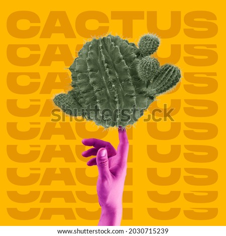Social issues, relationships. Contemporary art collage with male pink hand touching cactus on orange patterned background. Vibrant colors. Green, pink and orange
