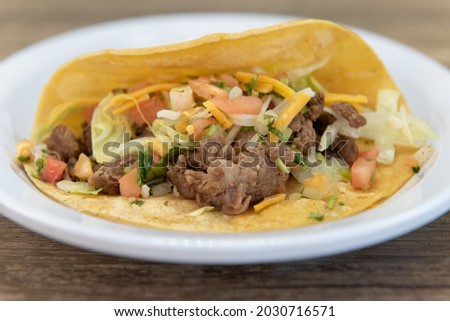 Hearty side order of an enormous taco loaded with chopped vegetables and carne asada steak meat.