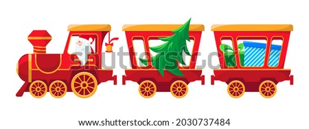 Christmas train with gifts and tree. Santa claus is bringing gifts. Vector design. Isolated on white background