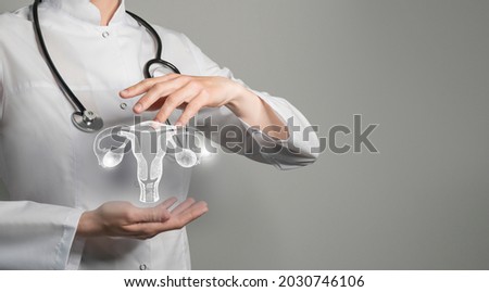 Female doctor holding virtual Uterus in hand. Handrawn human organ, copy space on right side, raw photo colors. Healthcare hospital service concept stock photo Royalty-Free Stock Photo #2030746106