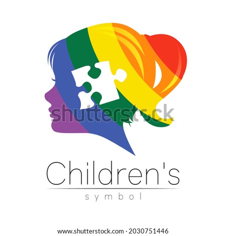 Modern Vector logotype Girl head with Puzzle inside brain in Rainbow Color . Logo sign of Psychology. Profile Human. Creative style. Symbol in vector. Design concept.