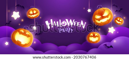 Happy Halloween. Group of 3D illustration glowing pumpkin on treat or trick fantasy fun party celebration purple background design. Royalty-Free Stock Photo #2030767406