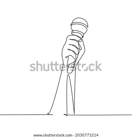 Continuous one line drawing female hand holding microphone isolated on white background, clipping path. Karaoke people sings the song to microphone. Single line draw design vector graphic illustration