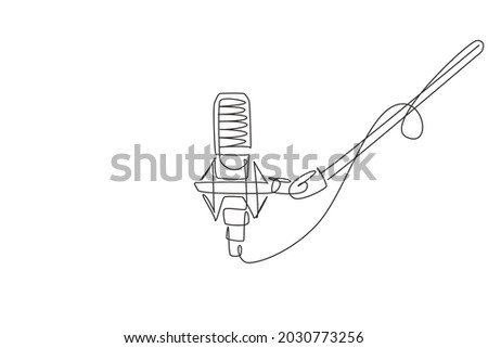 Continuous one line drawing microphone isolated with clipping path. Condenser mic for studio recording voice. Sound recording equipment concept. Single line draw design vector graphic illustration