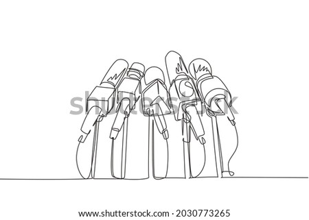 Single continuous line drawing live news template with microphone. Journalist journalism concept. Newsmakers and interviewers. Different tv signs. One line draw graphic design vector illustration