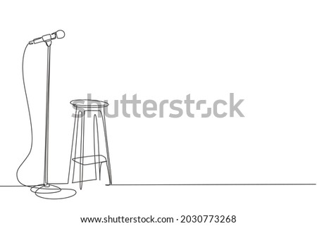 Single continuous line drawing microphone and stool on stand up comedy stage. Equipment at night club or bar for stand up comedian performance. Dynamic one line draw graphic design vector illustration