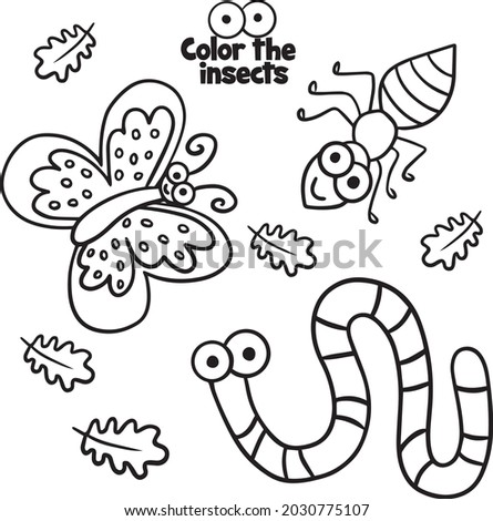 Cute small insects set to be colored, the big coloring book for preschool kids with easy educational gaming level. printable 