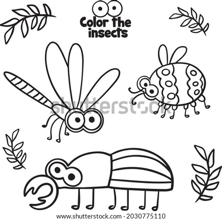 Cute small insects set to be colored, the big coloring book for preschool kids with easy educational gaming level. printable 
