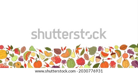 Autumn border. Thanksgiving  background. Color autumn leaves fall hand drawn icon on white. Leaves, dog rose, pumpkins, apples, berries, nuts. Hand drawn autumn frame, banner. Pumpkins, leaf fall.