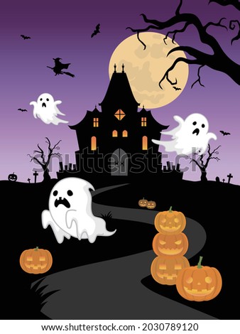Clip art of Halloween. Haunted house, ghost and pumpkin lantern.