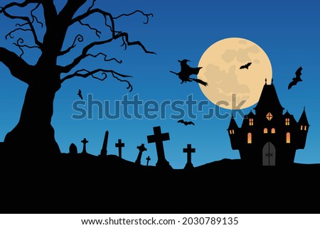 Clip art of Halloween. A cemetery and a haunted house.