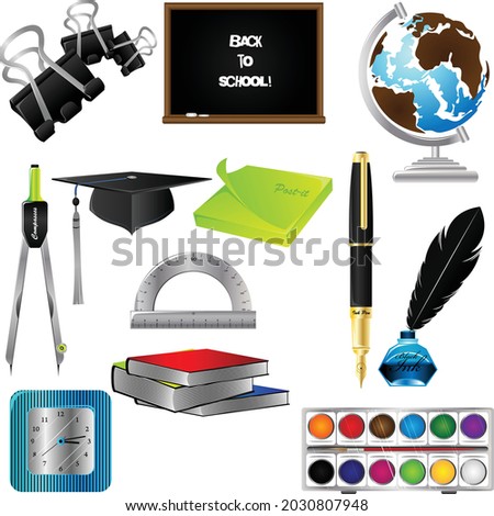 Realistic set of school supplies isolated vector. Blackboard, compass, watercolors, post-it, notebook, graduation cap, pen, guide, nib. 