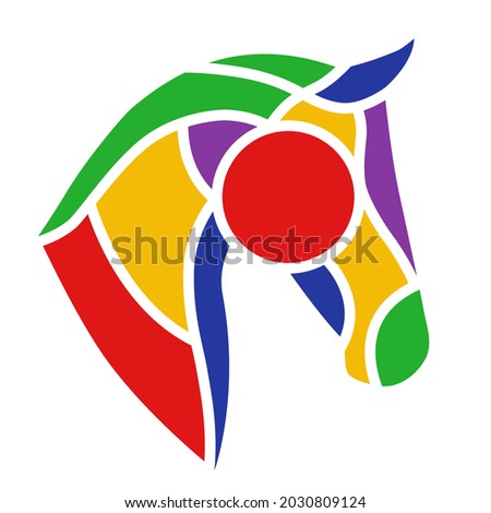 Horse or pony head silhouette. Equine multicolor vector logo. Vector equestrian illustration. Hand drawn trend style. For web or print art cartoon symbol. Royalty-Free Stock Photo #2030809124